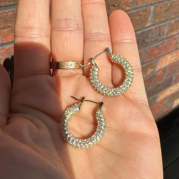 Diamond Pave Hoops Crystal Gold Earrings - Picture 4 of 6